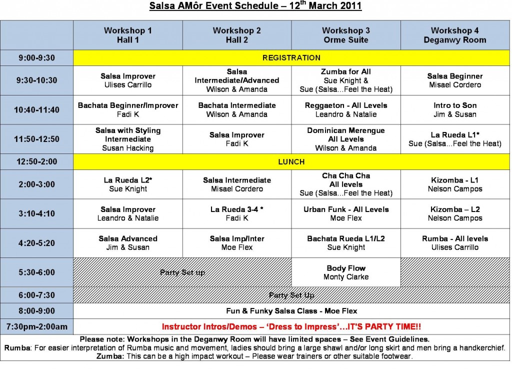 Workshop schedule, showing classes, times and rooms